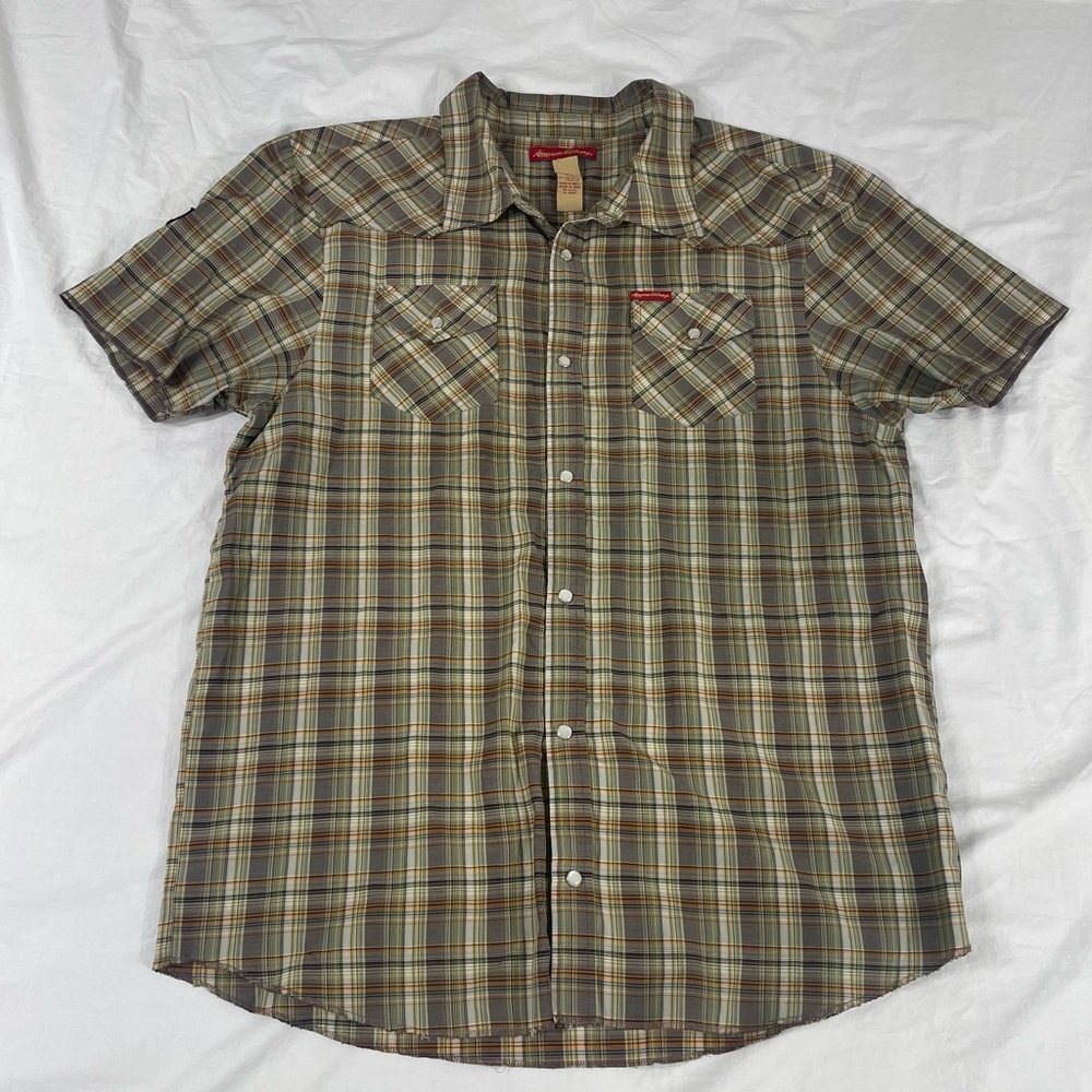 American Exchange Mens Brown Plaid Short Sleeve Snap Pearl Button Shirt Size XL